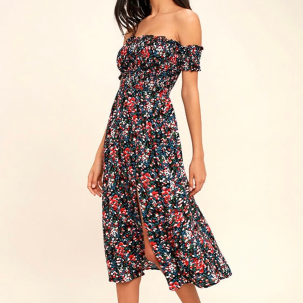 Lulu’s View from the Meadow Black Floral print off the shoulder dress!